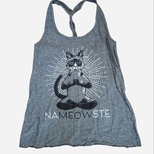 Ann Arbor Gray 'NAMEOWSTE' Yoga Cat Graphic Braided Racerback Tank